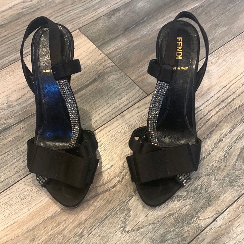 Fendi Black Crystal-Embellished Slingback Heels